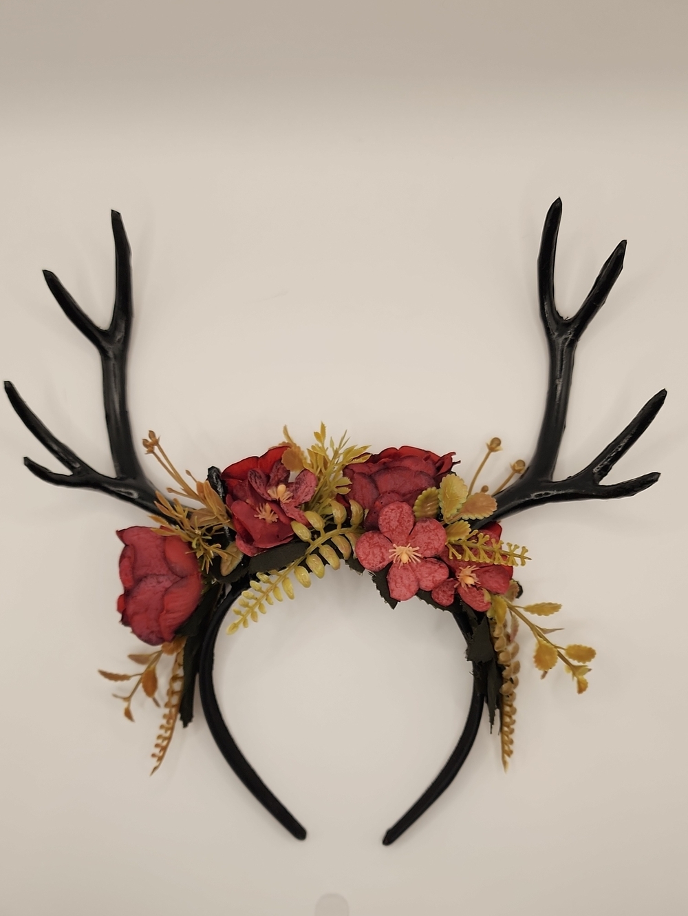 Black Antler Headpiece with Red Floral Accents